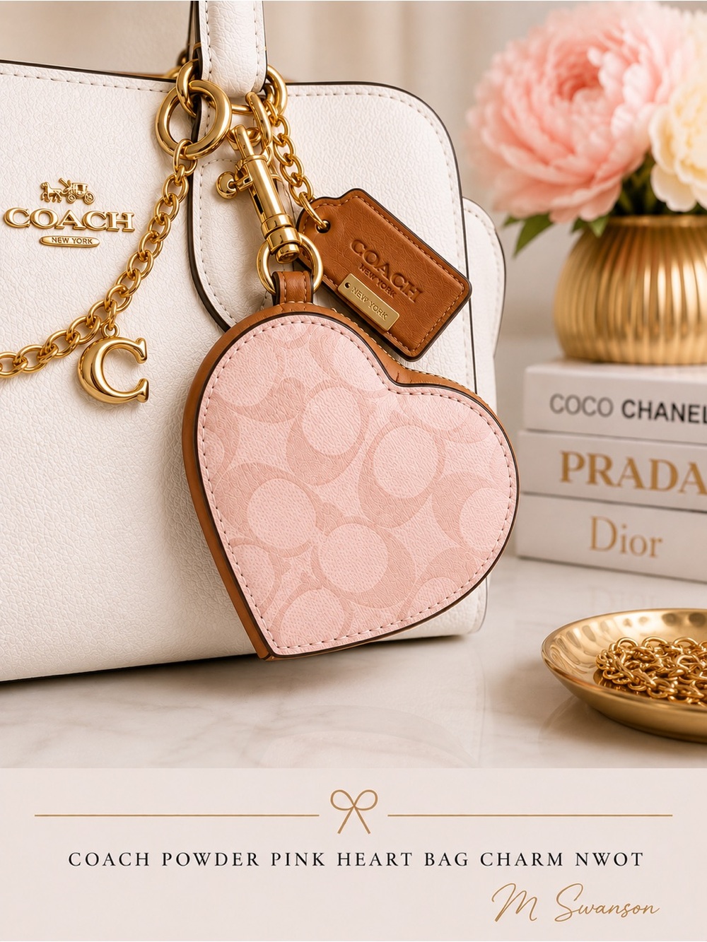 Coach Powder Pink Heart Bag Charm Signature Canvas CEA22 NWOT